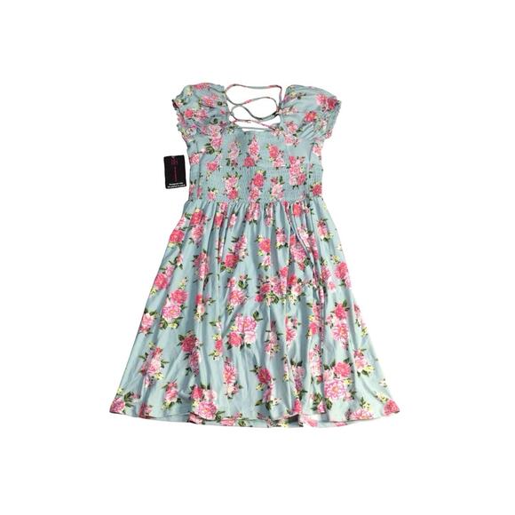 No Boundaries Juniors’ Smocked Waist Dress XS (1) Floral Print Twist Front New - Picture 3 of 8